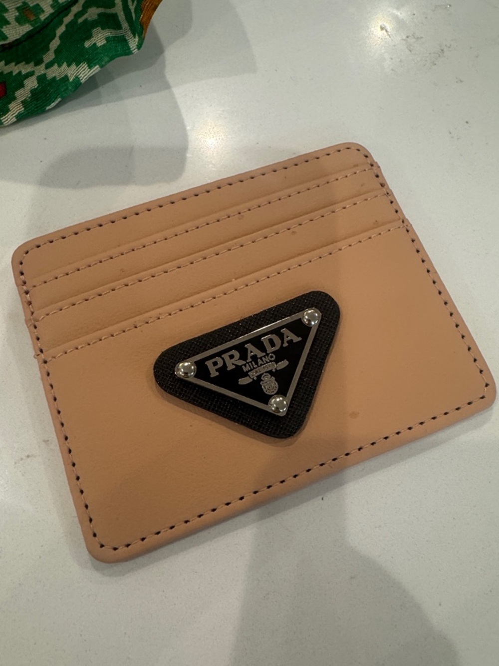 Pink Beige Leather Card & Key Holder with Black Logo Plaque